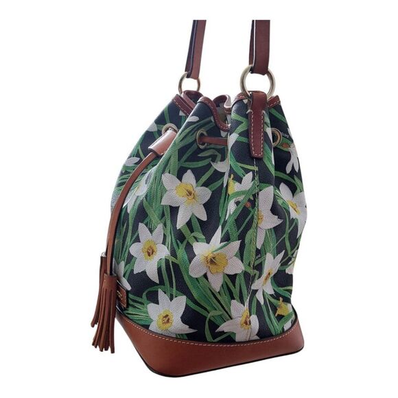 Dooney & Bourke Daffodil Tassel Drawstring Bucket Bag Purse Floral Leather Trim - Picture 6 of 13